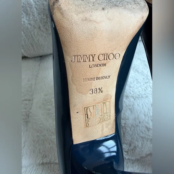 $779 Jimmy Choo Navy Patent Leather 100mm 4” Pumps High Heels 38.5 8.5 - Picture 7 of 9